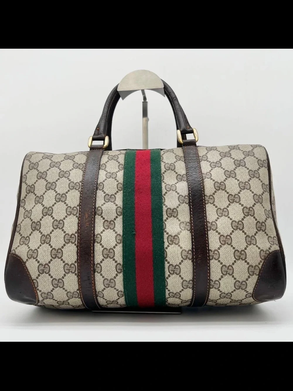 Gucci Brown GG Supreme Duffel with Red and Green Web Stripe